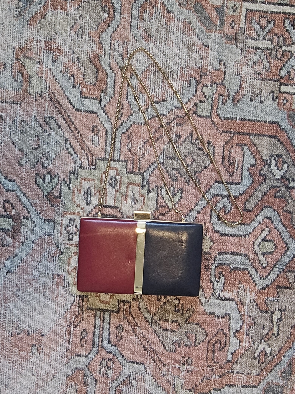 Two-Tone Red and Navy Leather Crossbody Clutch